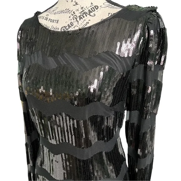 Anthro NANETTE LEPORE Black Wavy Sequin Striped Long Sleeve Dress - Picture 9 of 16